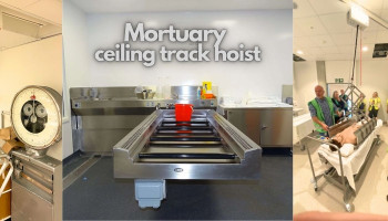 Mortuary ceiling track hoist for safer transferring of deceased human body
