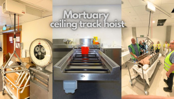 Mortuary ceiling track hoist for safer transferring of cadavers