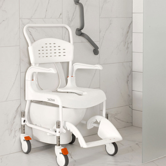 Etac Clean Wheeled Shower Commode over toilet
